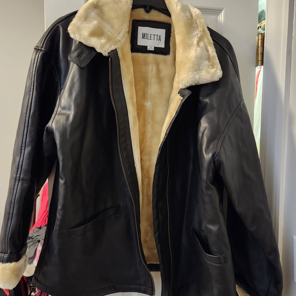 Women's Black Leather Jacket with Cream Lining